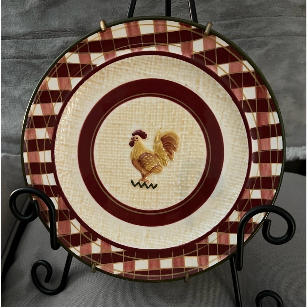 Park Designs RISE 'N SHINE Red & White 8" SALAD PLATES  Rooster Raised Design